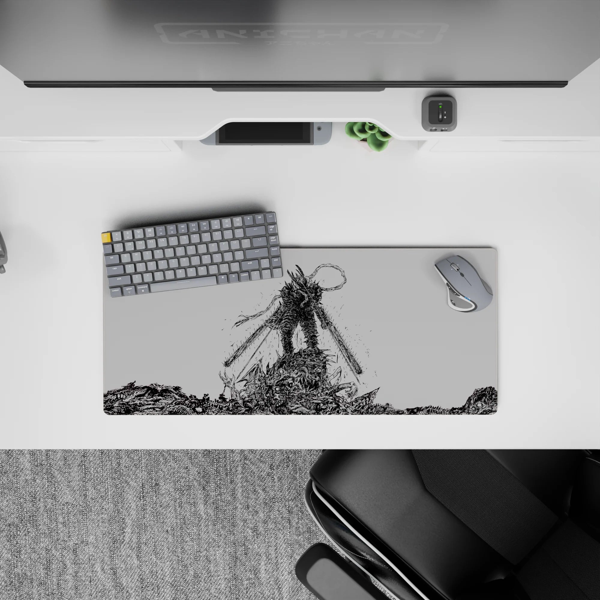 Chainsaw Man anime mouse pad featuring Denji's hybrid form in black-and-white, size 28x12 inches, evokes raw chaos.