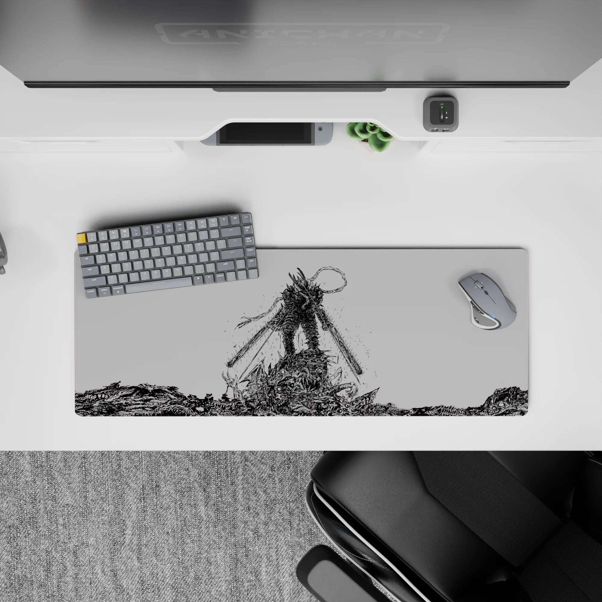 Chainsaw Man anime mouse pad 32x12 inches featuring Denji in hybrid form atop defeated foes in intense black-and-white style.