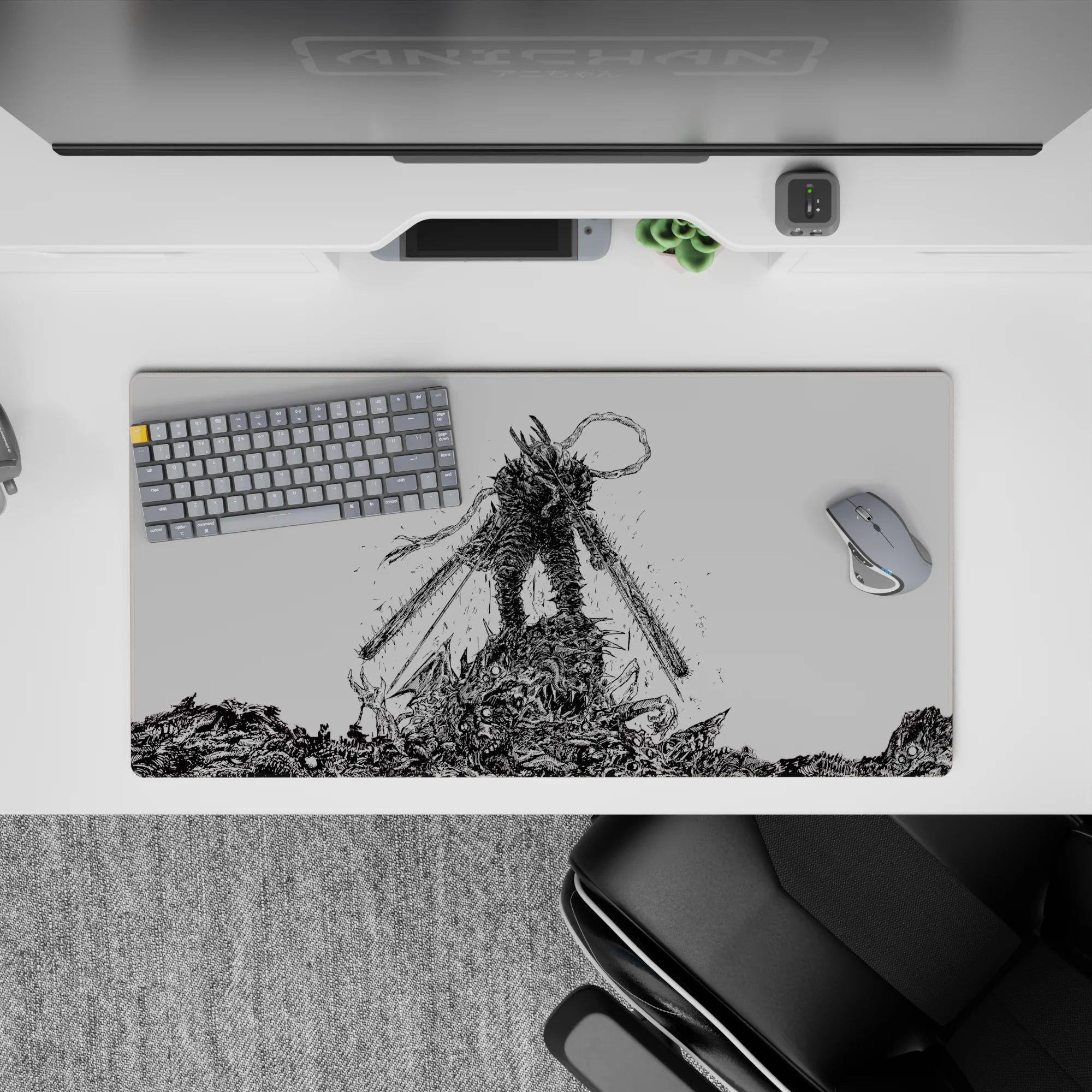 Chainsaw Man 32x16 inch anime mouse pad featuring Denji's hybrid form in a black-and-white ink-heavy style.