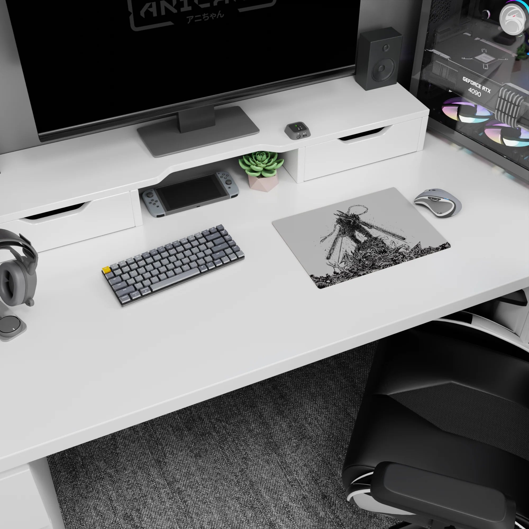 Chainsaw Man anime mouse pad featuring Denji in hybrid form, 14x10 inches, black-and-white ink style, intense and gritty.