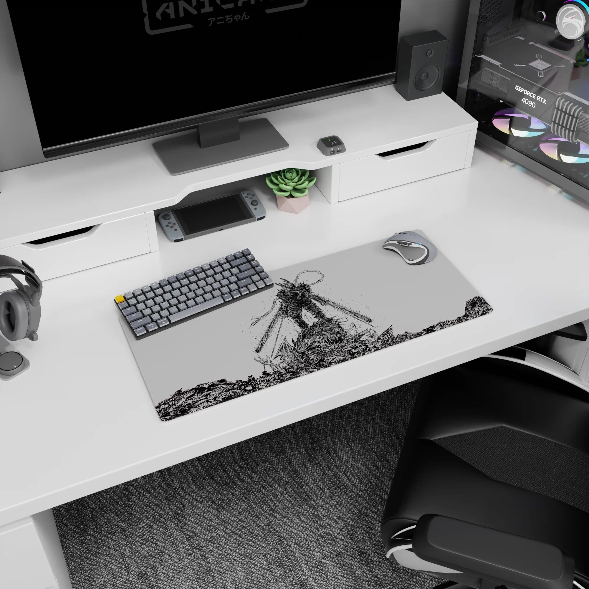 Chainsaw Man anime mouse pad 28x12 inches featuring Denji in hybrid form atop defeated monsters, in black-and-white style.