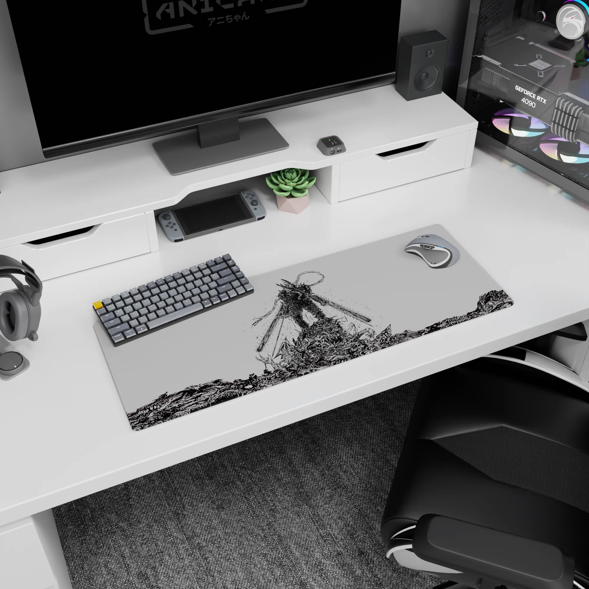 Chainsaw Man anime mouse pad, 32x12 inches, featuring Denji as Chainsaw Devil in intense black-and-white ink art.