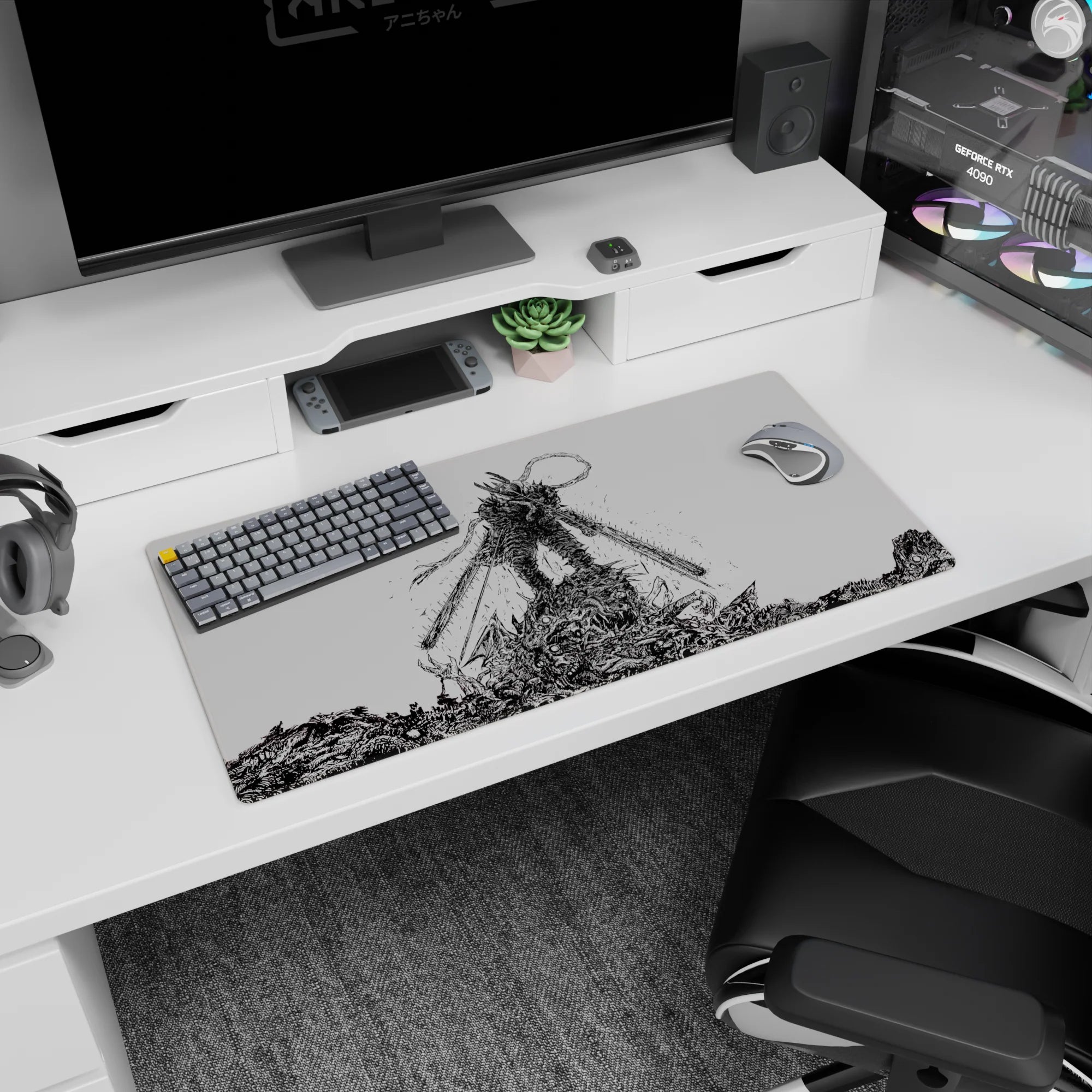 Black-and-white 32x16 inch mouse pad featuring Denji's hybrid form from Chainsaw Man, showcasing intense ink-heavy style.