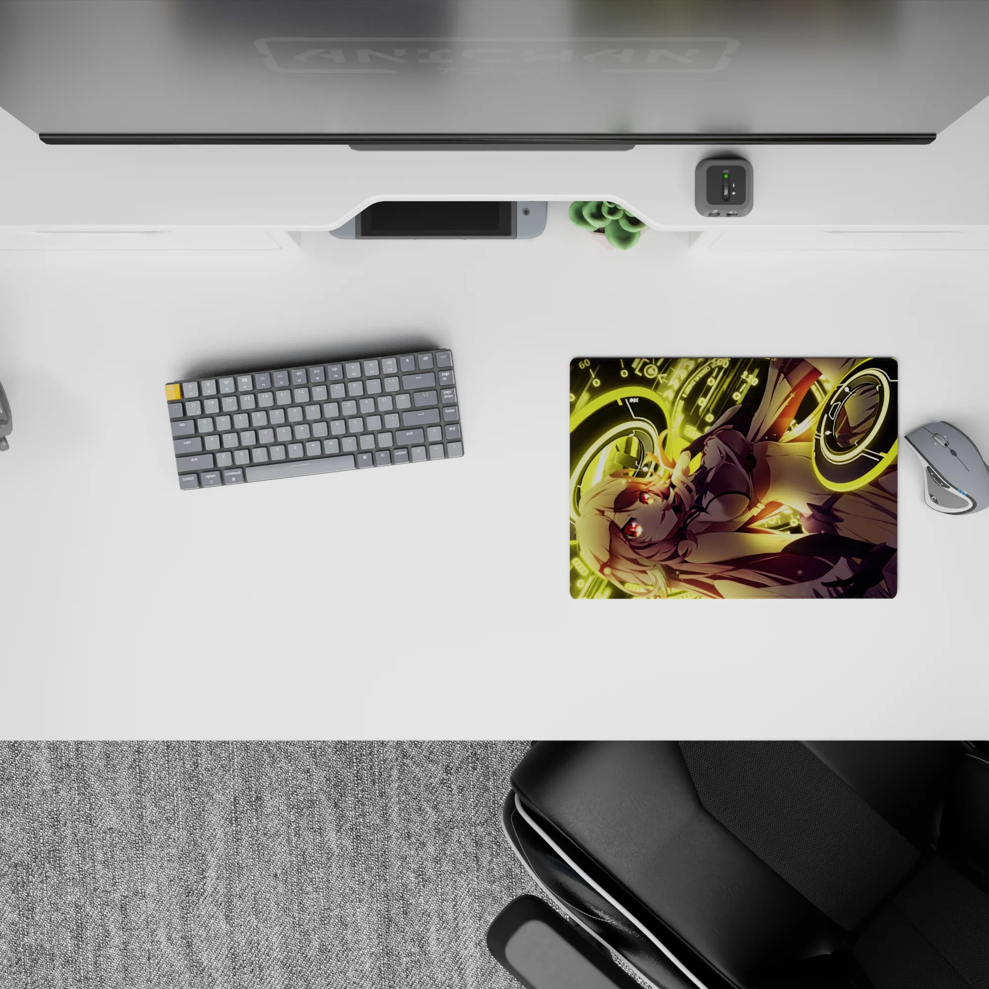 Vibrant 14x10 inches anime girl mouse pad in gold and crimson, bright contrast, playful late-night vibe.