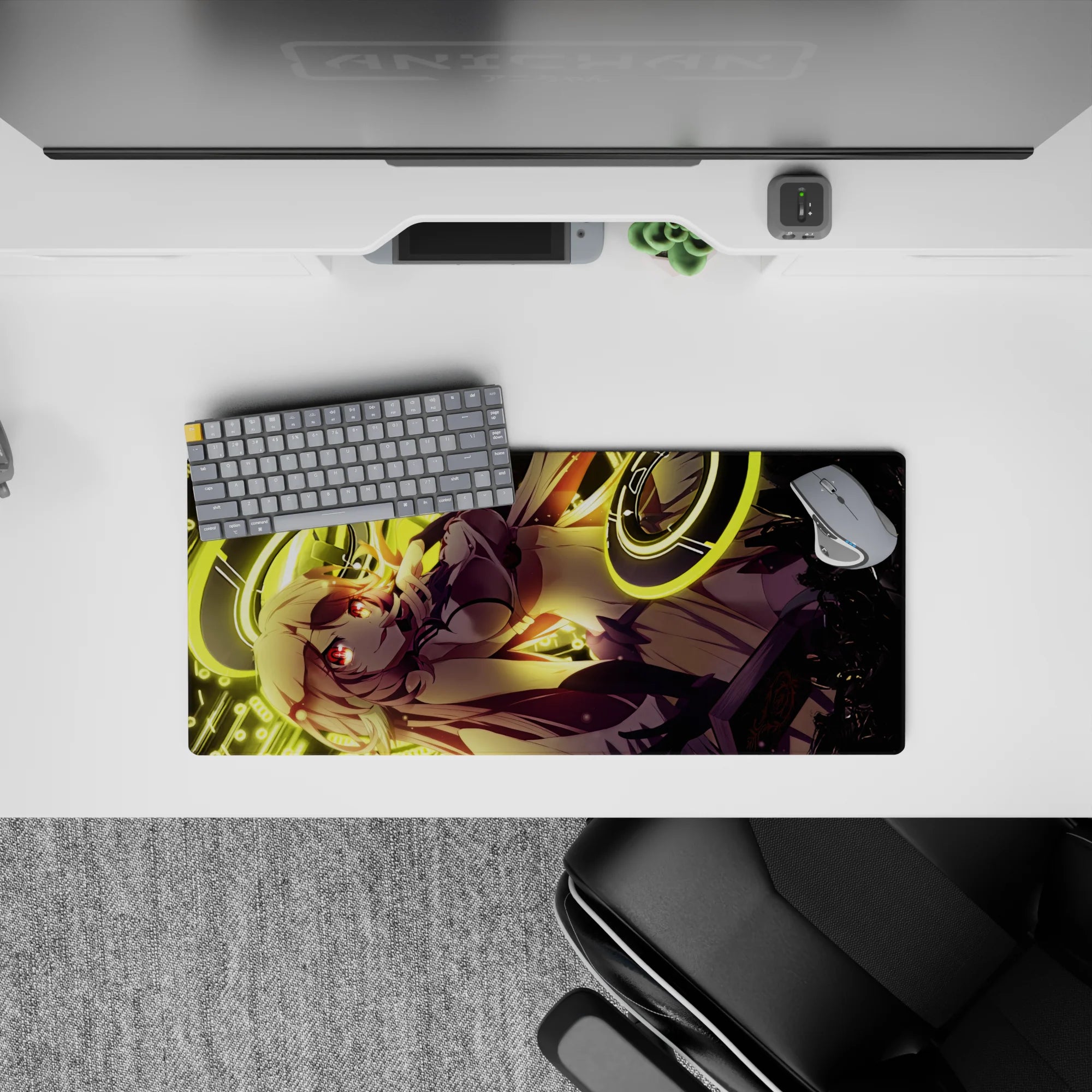 28x12 inches anime girl mouse pad in neon gold and crimson tones, bright contrast, late-night cyber vibe.