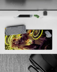 28x12 inches anime girl mouse pad in neon gold and crimson tones, bright contrast, late-night cyber vibe.