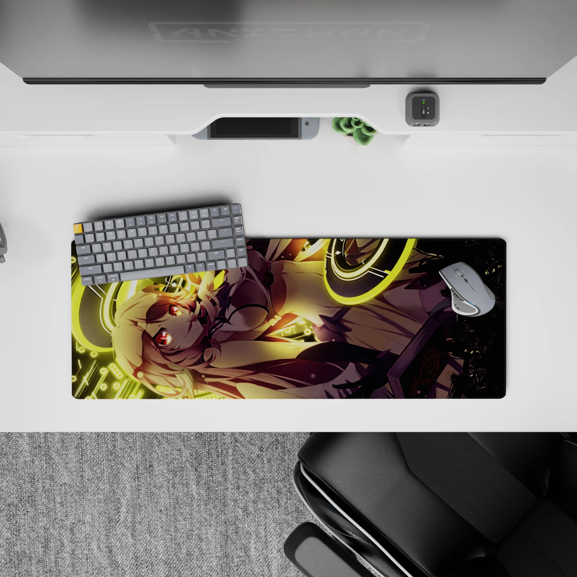 32x12 inches anime girl mouse pad in neon gold and crimson, bright cyber magic vibe for late-night gaming.