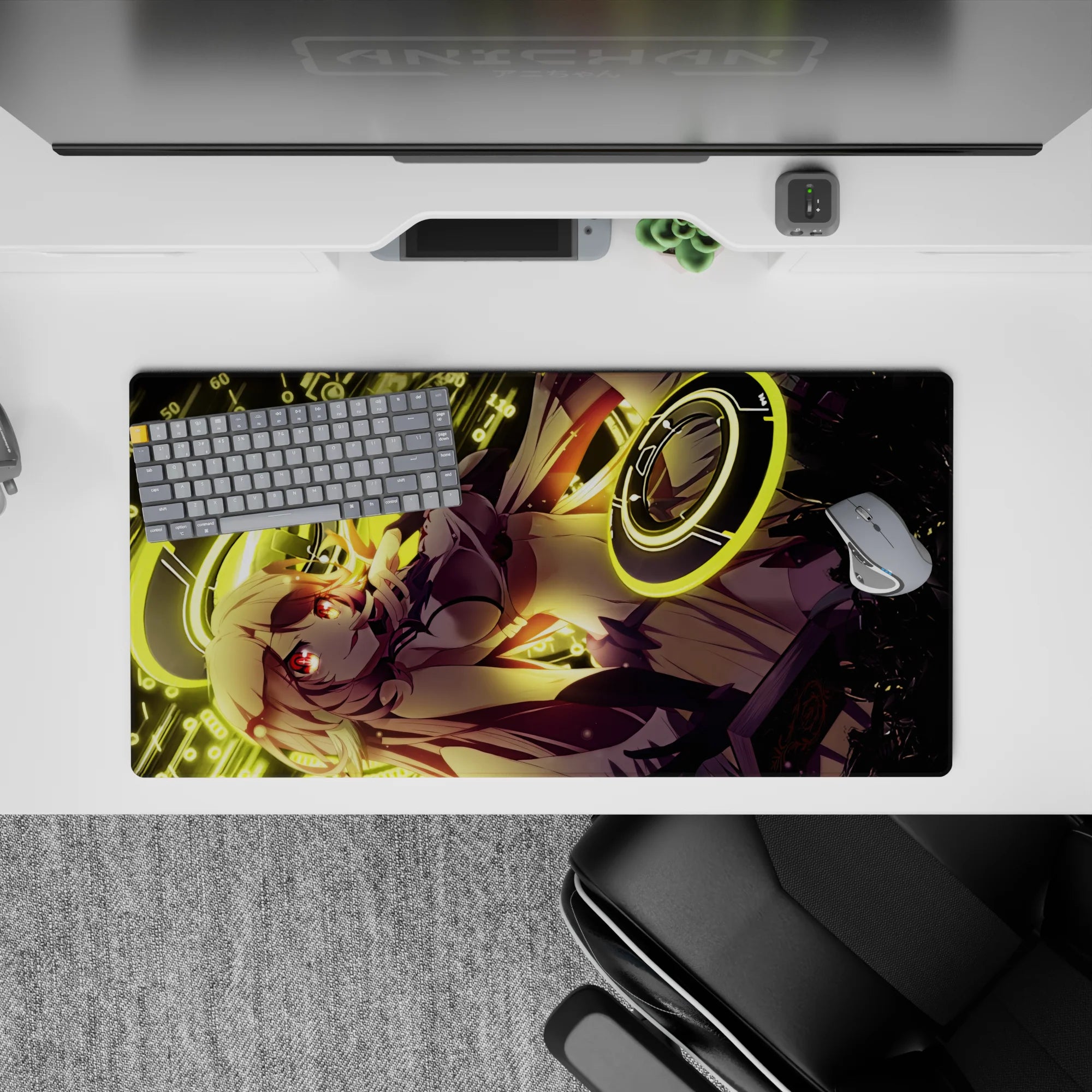 Anime girl mouse pad 32x16 inches in neon gold and crimson tones, high-contrast cyber vibe for long nights.