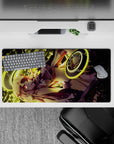Anime girl mouse pad 32x16 inches in neon gold and crimson tones, high-contrast cyber vibe for long nights.