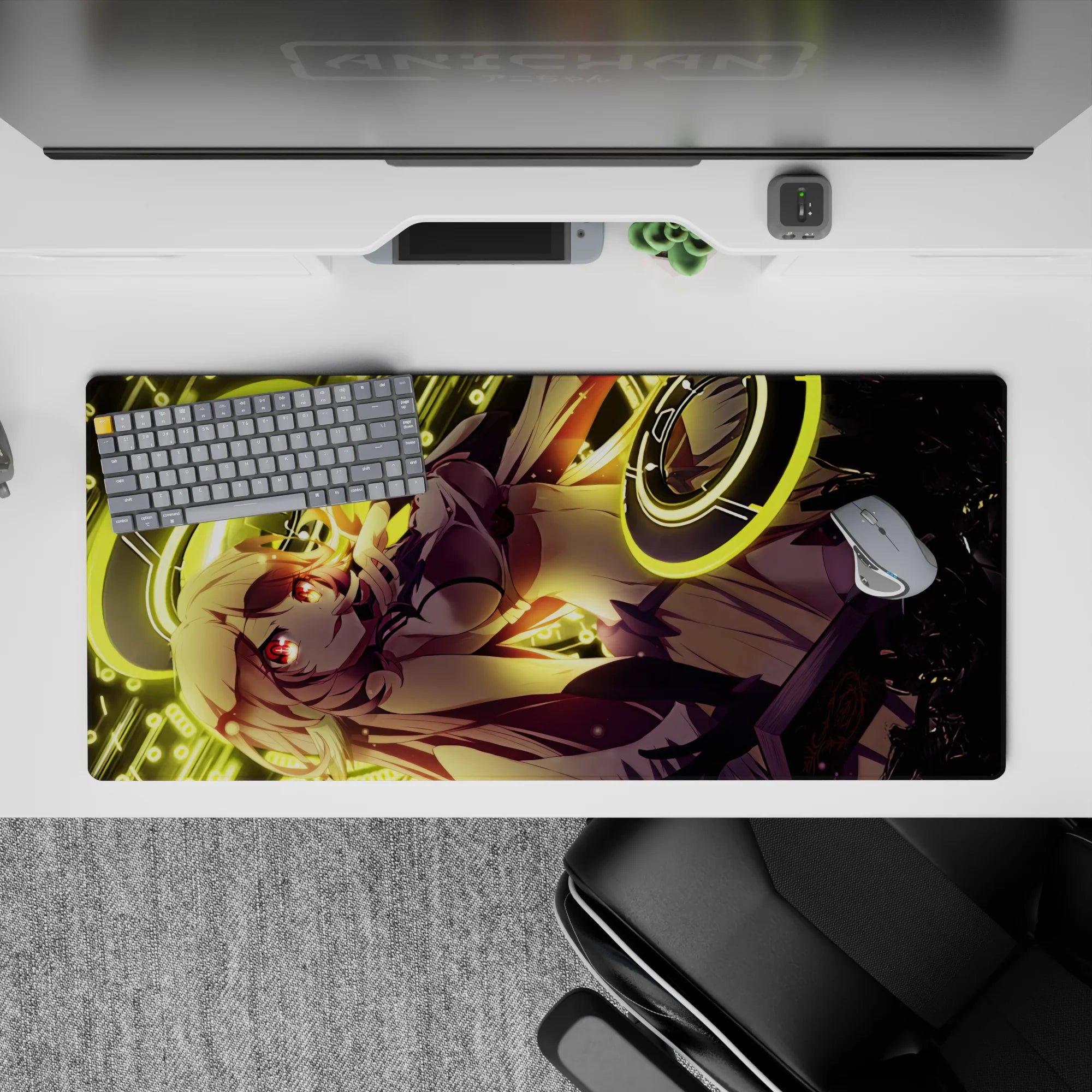 Vibrant 36x16 inches anime desk pad in neon gold and crimson, techno-magic vibe for bright, fun gaming.