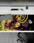 Vibrant 36x16 inches anime desk pad in neon gold and crimson, techno-magic vibe for bright, fun gaming.