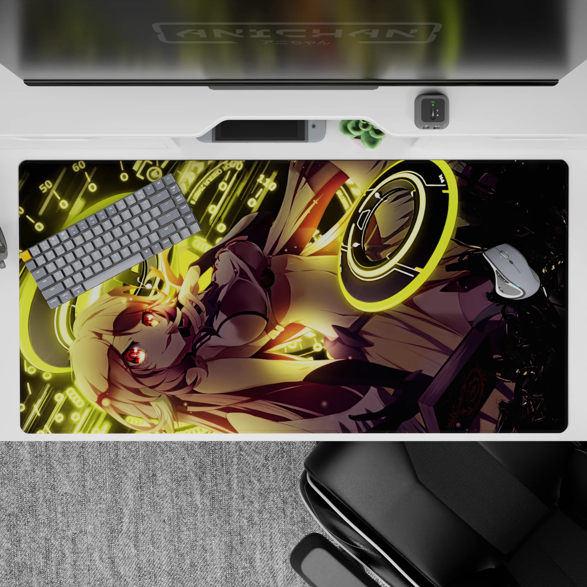 Vibrant 40x20 inches anime desk pad in neon gold and crimson, techno-magic vibe for smooth mouse tracking.