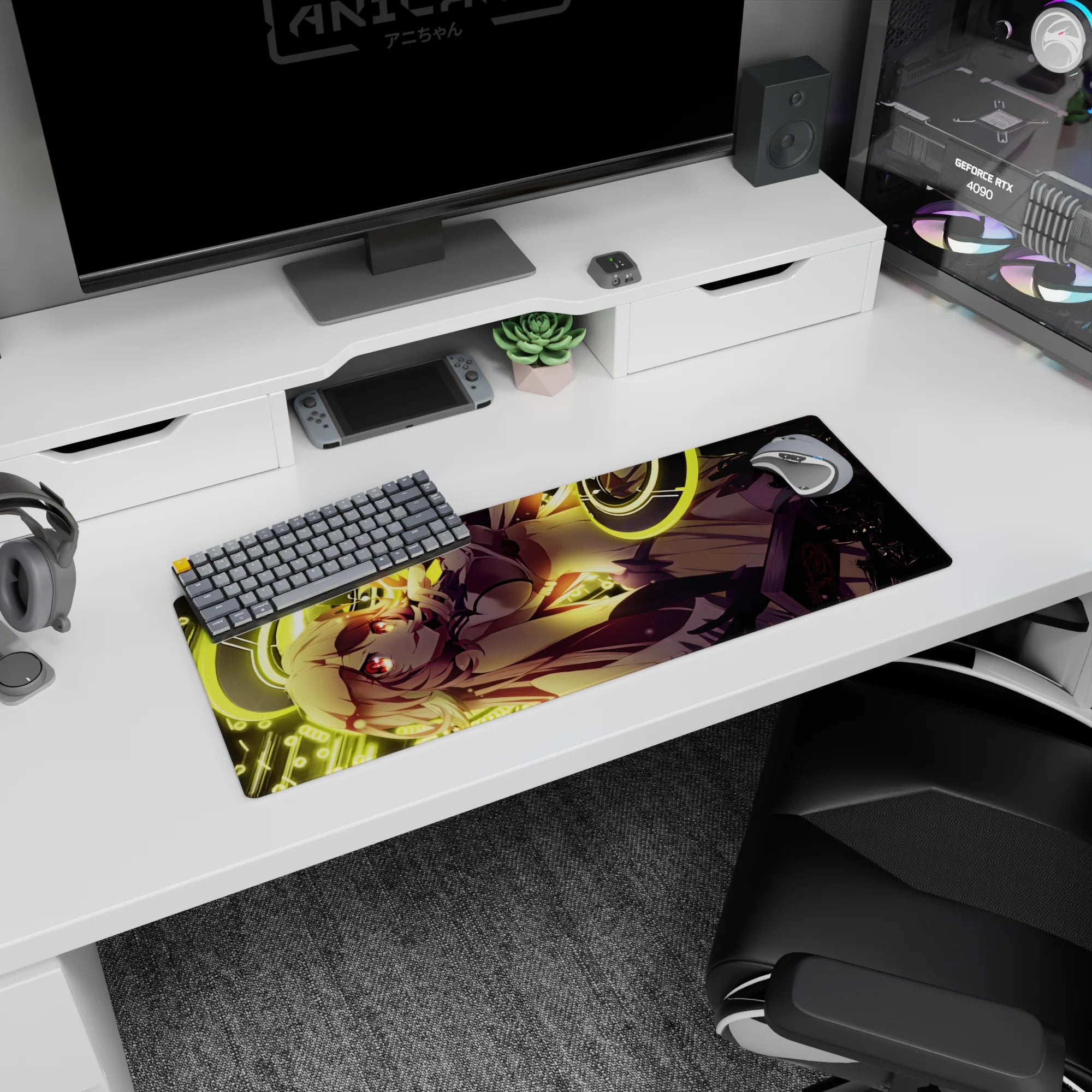 32x12 inches anime girl mouse pad showing honey-haired heroine with crimson eyes, hand-to-chin pose, glowing rings.