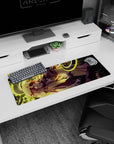 32x12 inches anime girl mouse pad showing honey-haired heroine with crimson eyes, hand-to-chin pose, glowing rings.