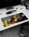 Anime girl mouse pad 32x16 inches showing sharp-eyed heroine in jacket and skirt, hand-to-chin pose in glow.
