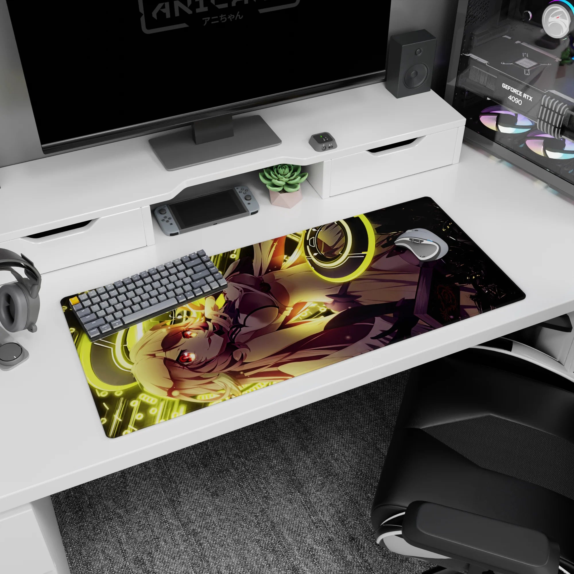 36x16 inches anime girl desk pad featuring honey-haired, red-eyed heroine posing hand-to-chin in a crisp jacket.