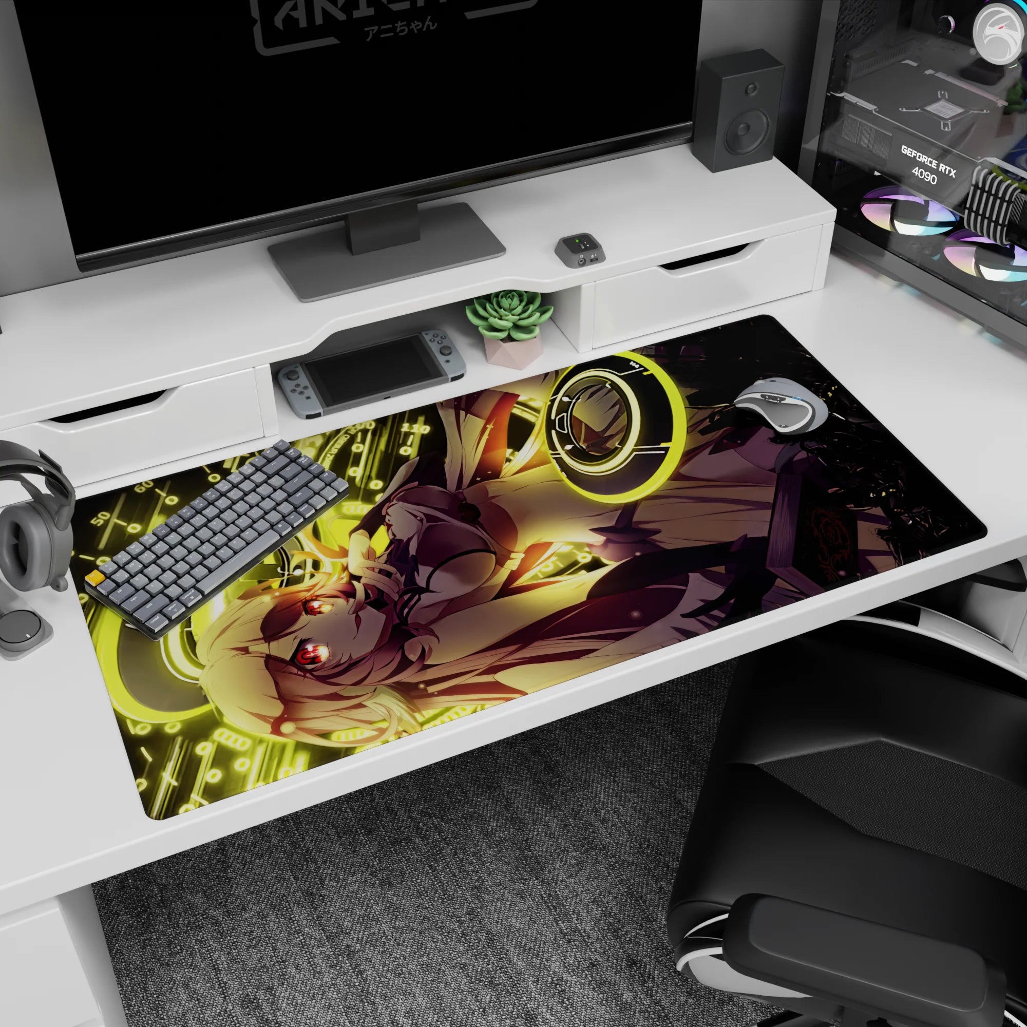 40x20 inches anime girl desk pad featuring honey-haired, crimson-eyed heroine posing hand-to-chin in a jacket.