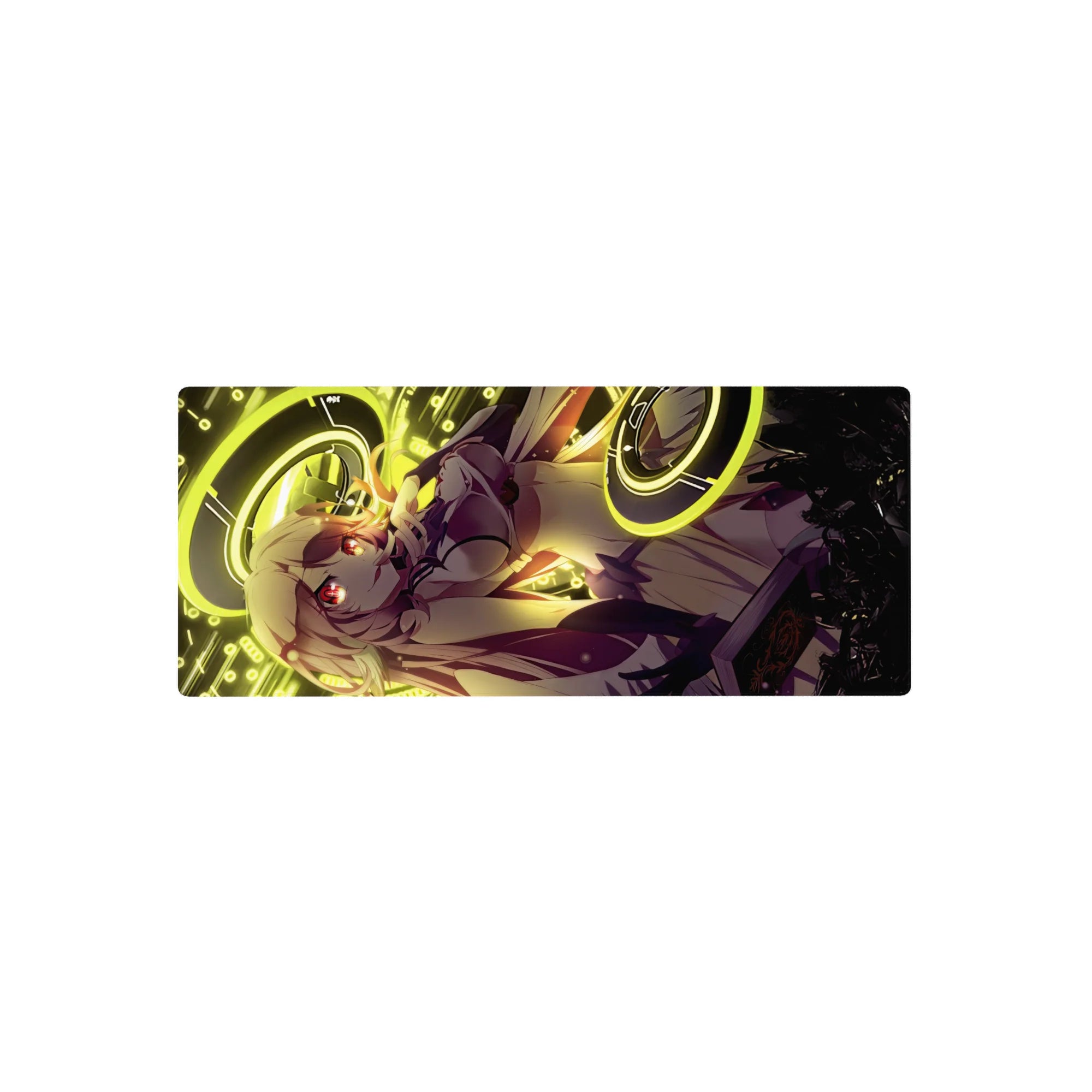 Anime girl mouse pad 28x12 inches with neon gold rings, techno numbers backdrop, suit-and-tie heroine.