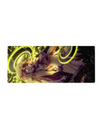 Anime girl mouse pad 28x12 inches with neon gold rings, techno numbers backdrop, suit-and-tie heroine.