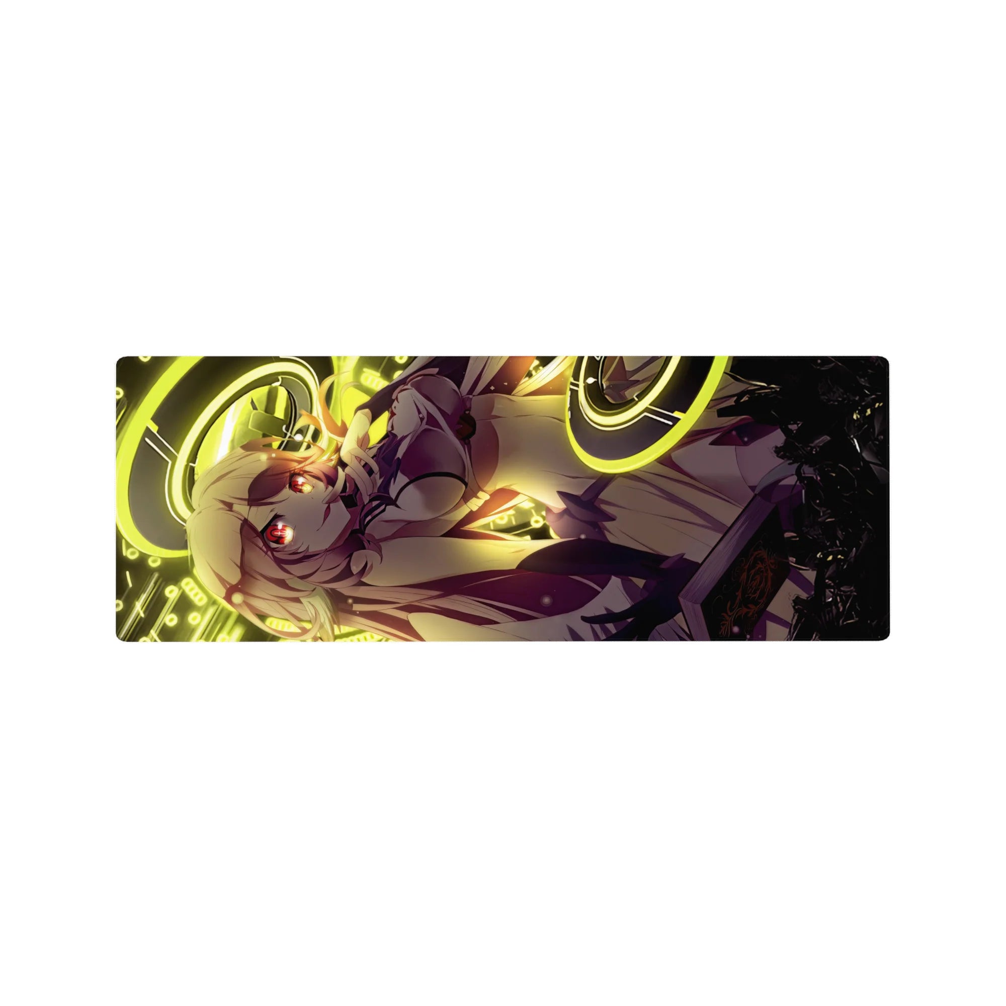 32x12 inches anime girl mouse pad with neon gold rings, suit jacket and pleated skirt, techno numbers backdrop.