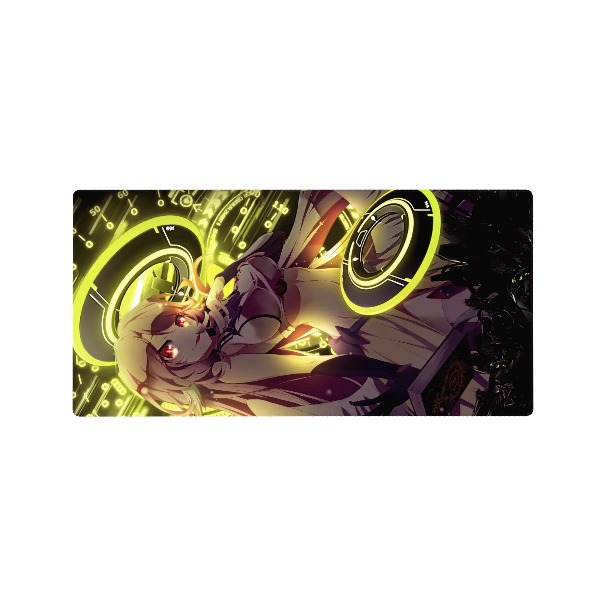 Anime girl mouse pad 32x16 inches with gold rings, suited heroine, techno numbers, and honey-blonde hair.