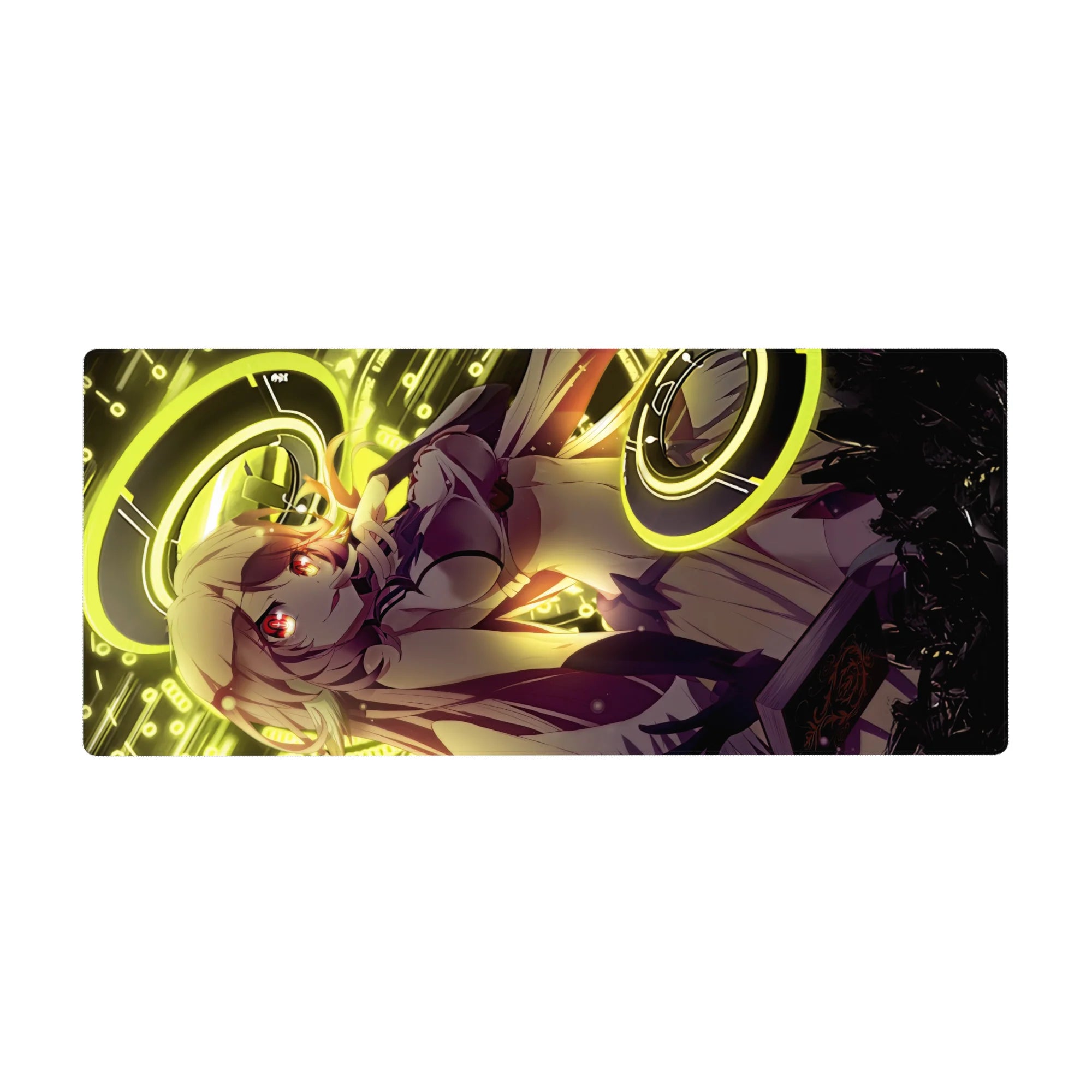 Anime girl desk pad 36x16 inches with neon gold rings, suit-and-tie heroine, and glowing numbers backdrop.