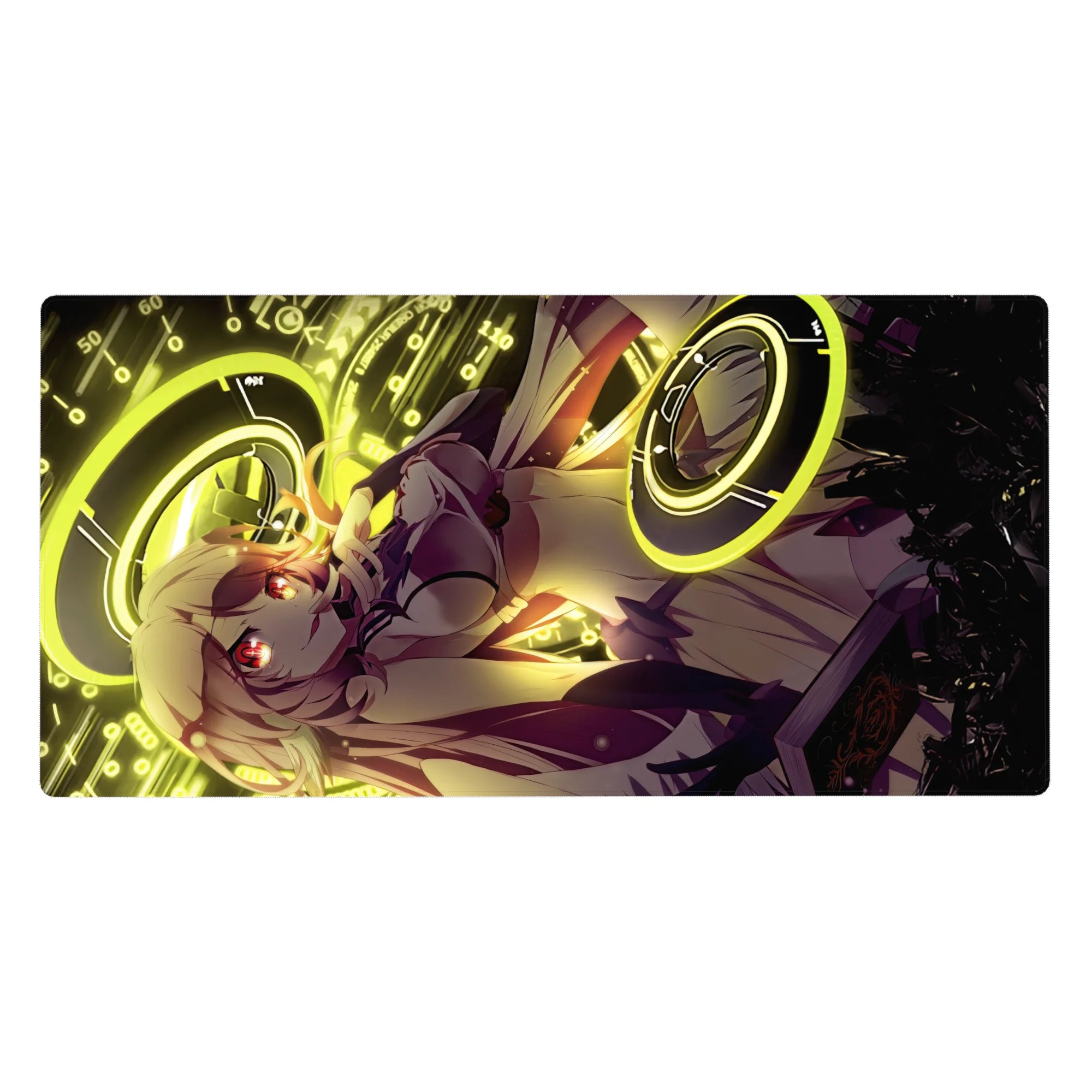 Anime girl desk pad 40x20 inches with neon gold rings, suit-and-tie heroine, and glowing circuit numbers.