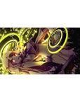 Anime girl desk pad 40x20 inches with neon gold rings, suit-and-tie heroine, and glowing circuit numbers.