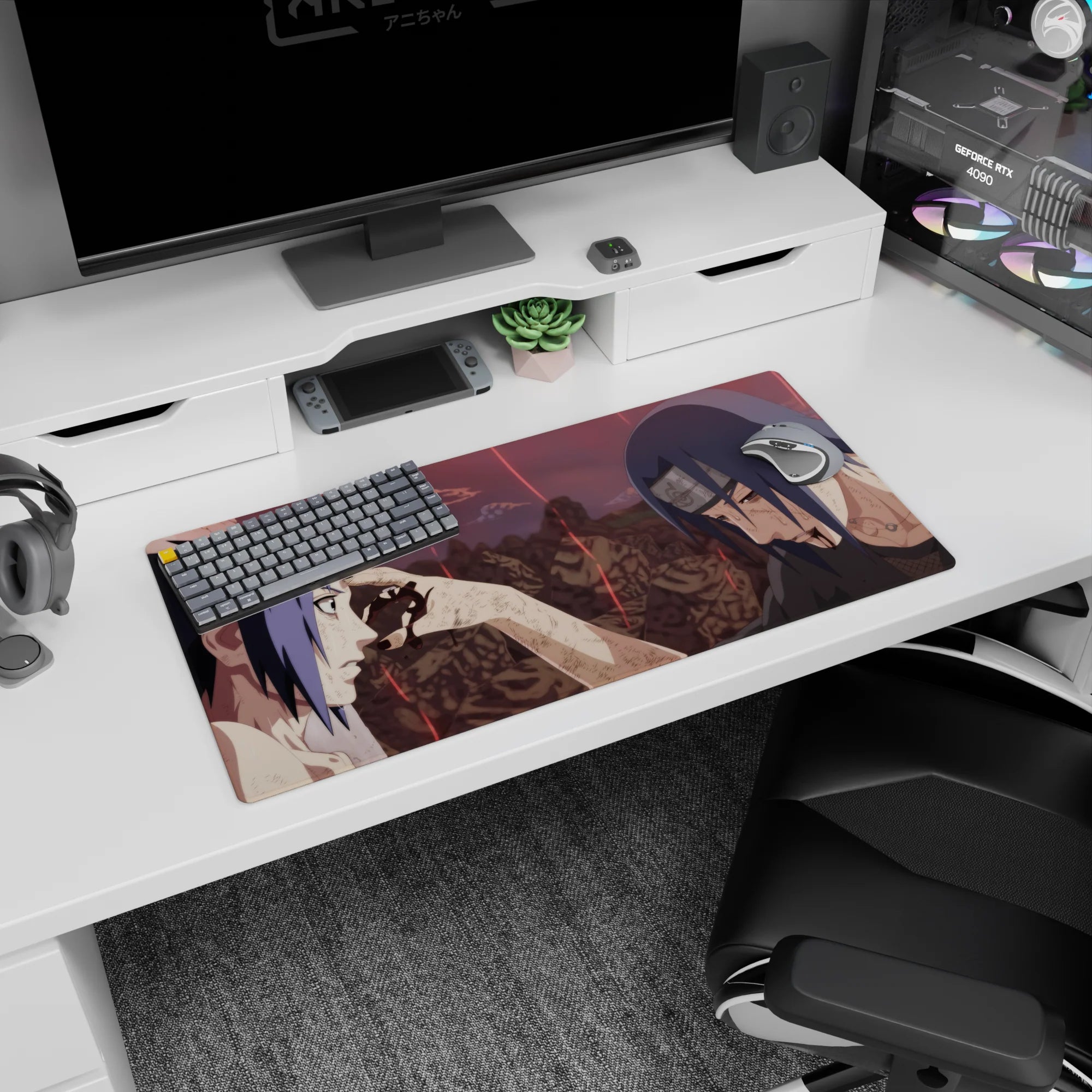 Anime mouse pad 32x16 inches featuring Itachi&#39;s iconic farewell to Sasuke from Naruto; a cinematic, emotional design.