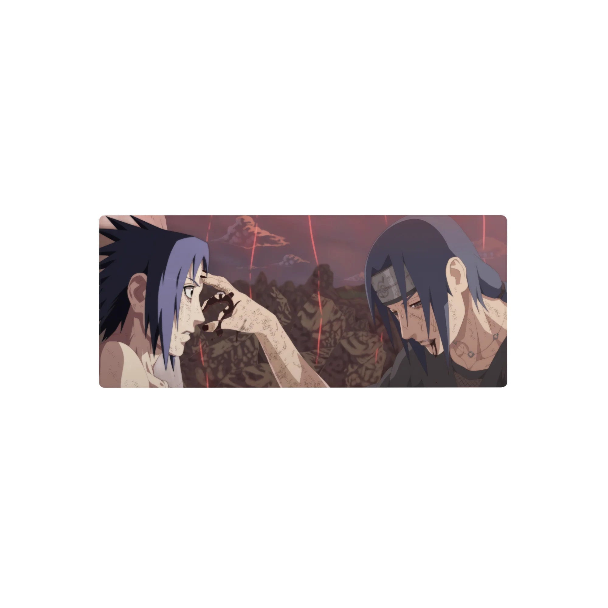 Anime mouse pad 28x12 inches depicting Itachi&#39;s final moment with Sasuke in Naruto, capturing emotion and cinematic depth.