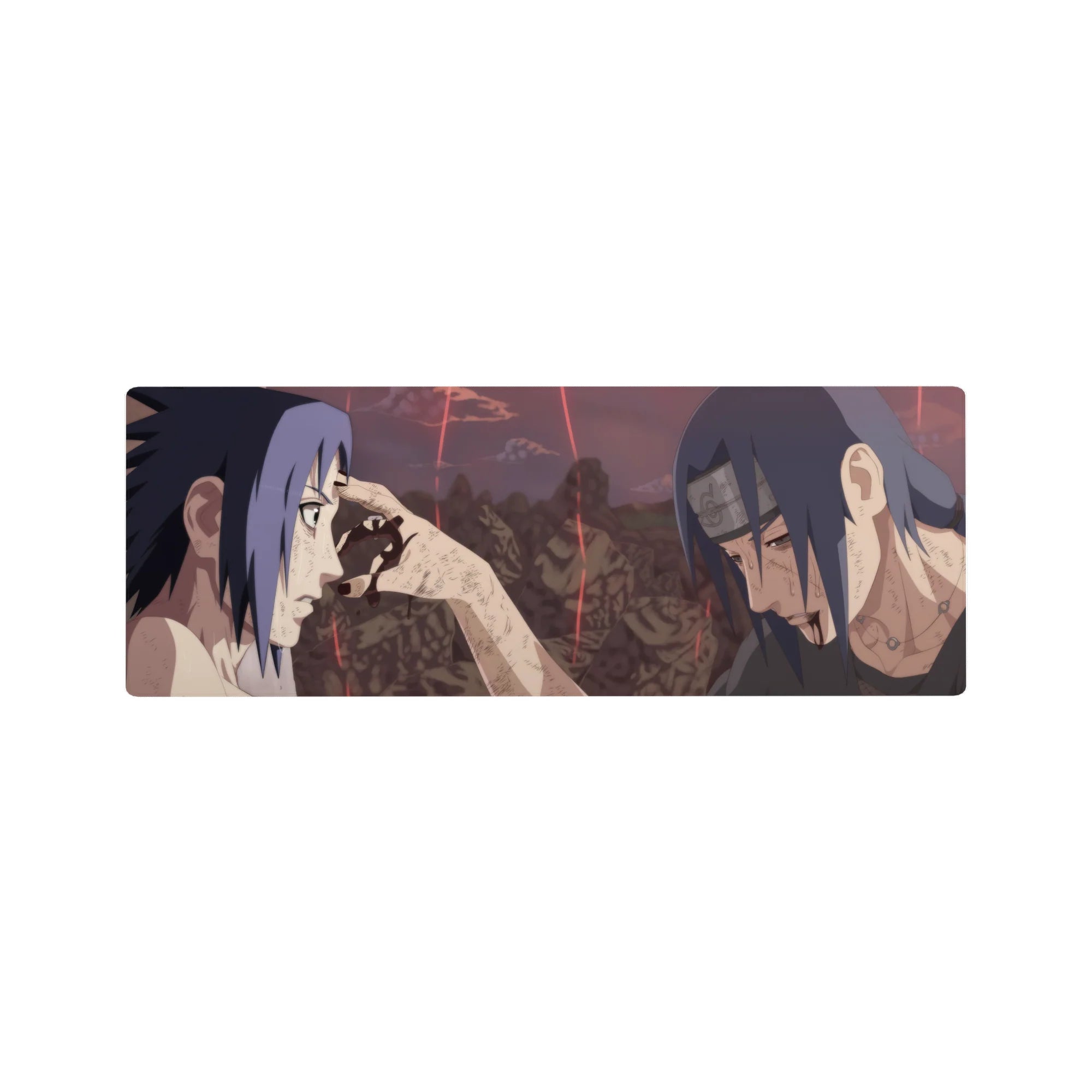 Anime mouse pad 32x12 inches featuring Itachi’s final moment with Sasuke from Naruto, capturing emotional depth and warmth.