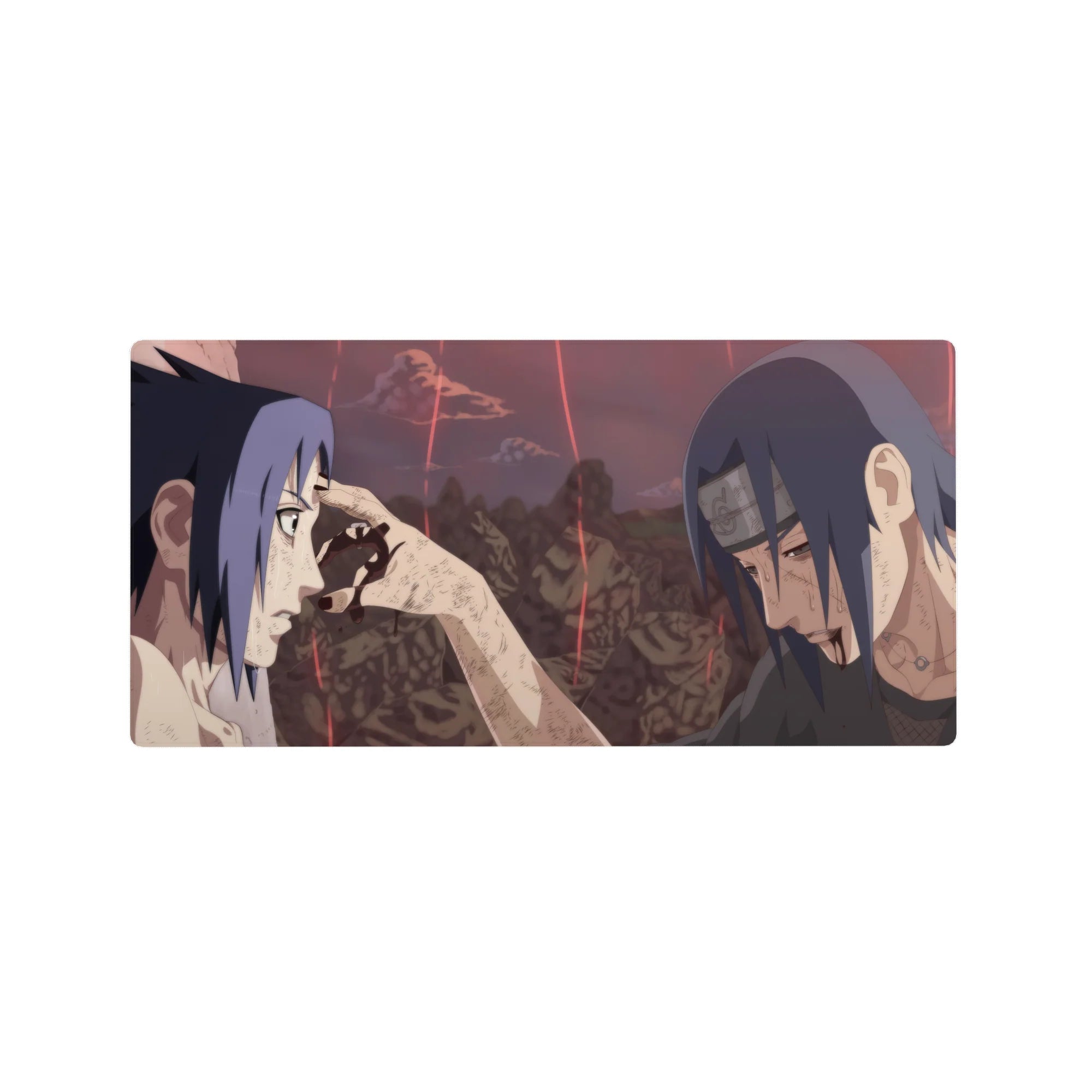 Anime mouse pad 32x16 inches showing Itachi&#39;s final moment with Sasuke from Naruto, capturing the emotional, iconic scene.