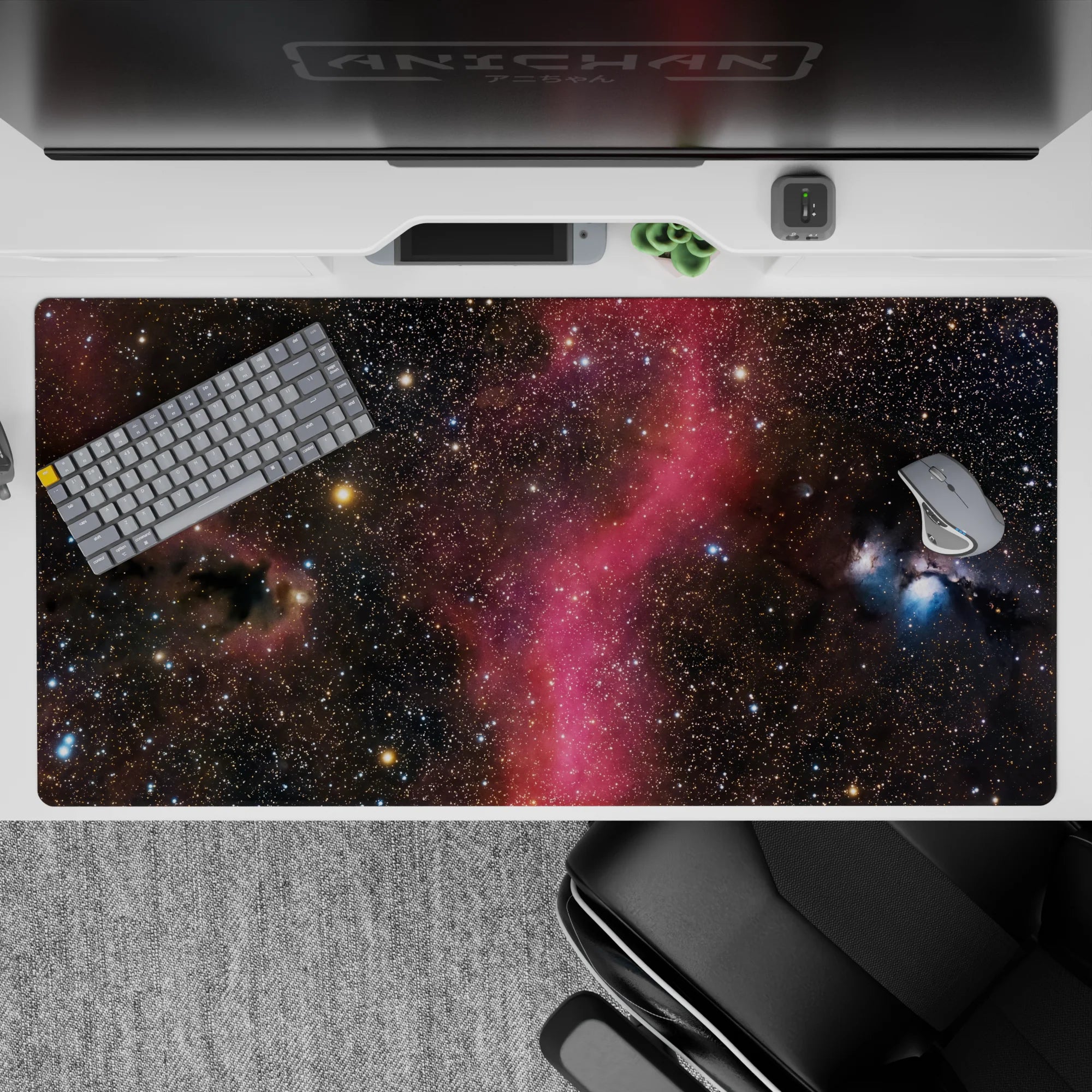 Midnight blue and inky shadow desk pad, 40x20 inches, calming vibe with dreamy pink nebula glow.