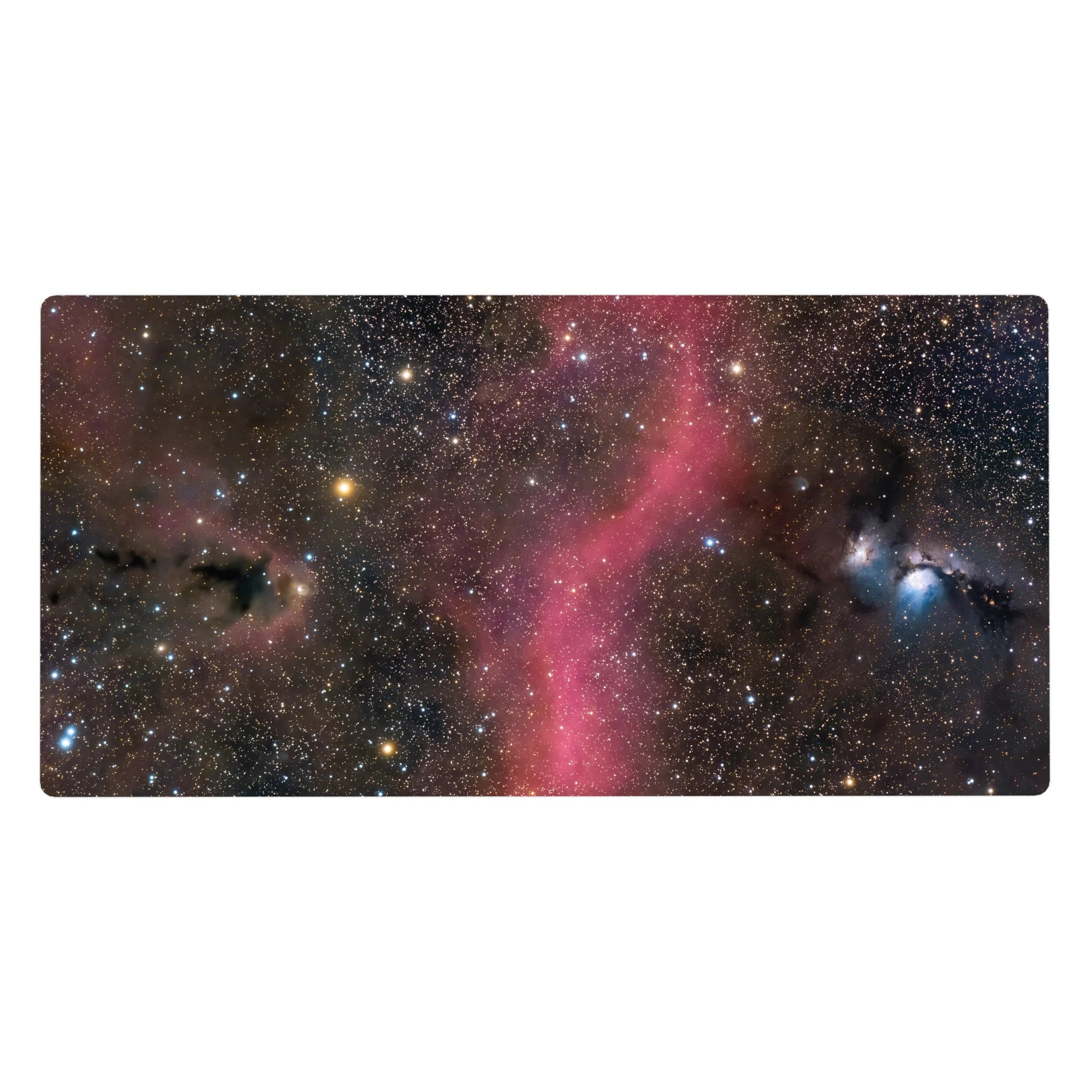 Cosmic starry sky desk pad mouse pad, 40x20 inches, with pink nebula ribbon on midnight blue.