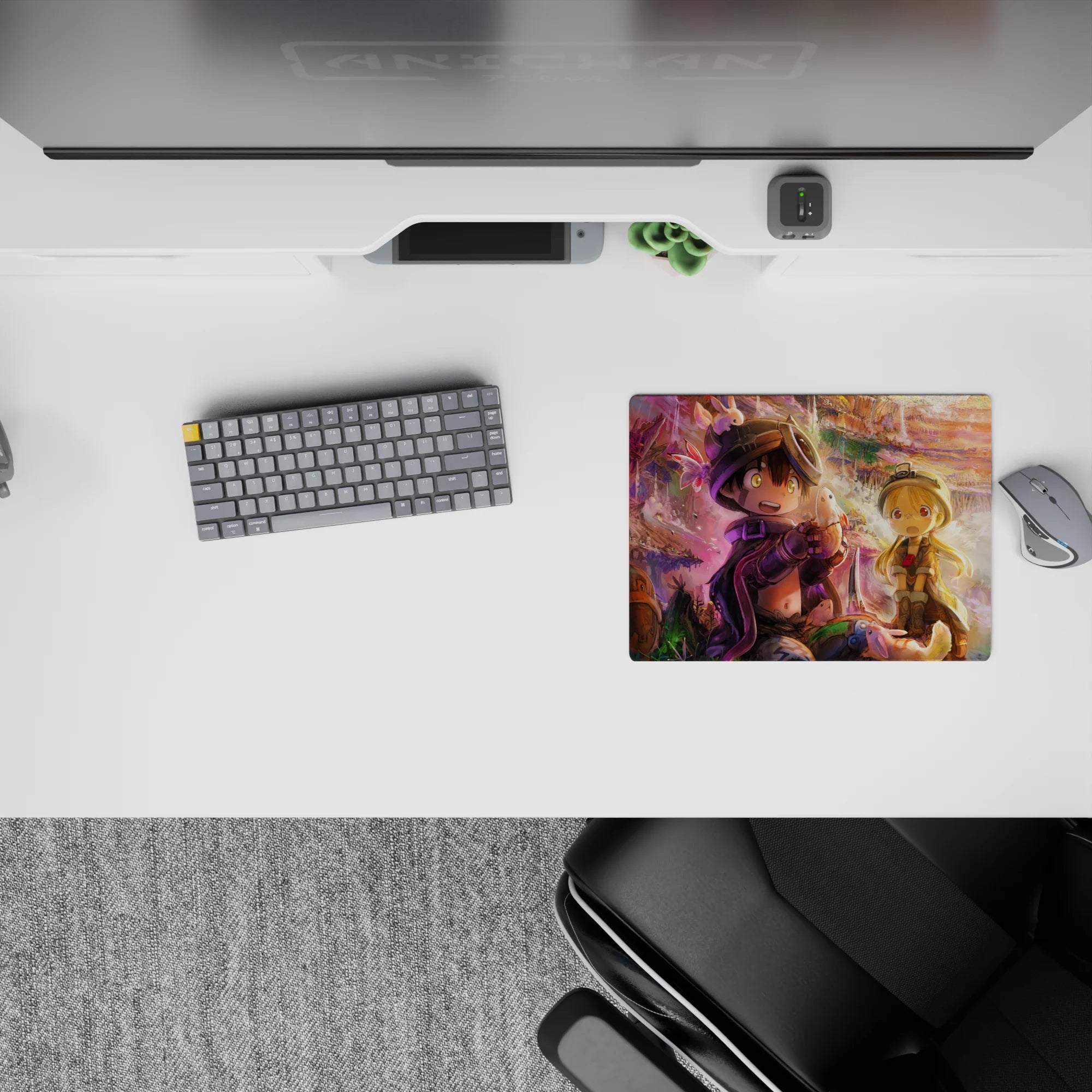 14x10 inches anime mouse pad in warm gold cliffs and violet mist, cozy dreamy adventure mood.