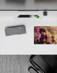 14x10 inches anime mouse pad in warm gold cliffs and violet mist, cozy dreamy adventure mood.
