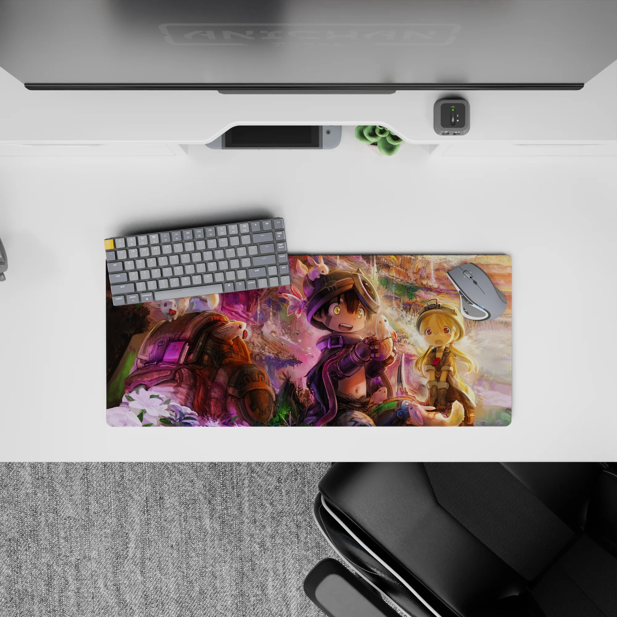 Anime mouse pad 28x12 inches with warm gold cliffs, violet mist, and cozy dreamy adventure vibes.