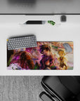 Anime mouse pad 28x12 inches with warm gold cliffs, violet mist, and cozy dreamy adventure vibes.
