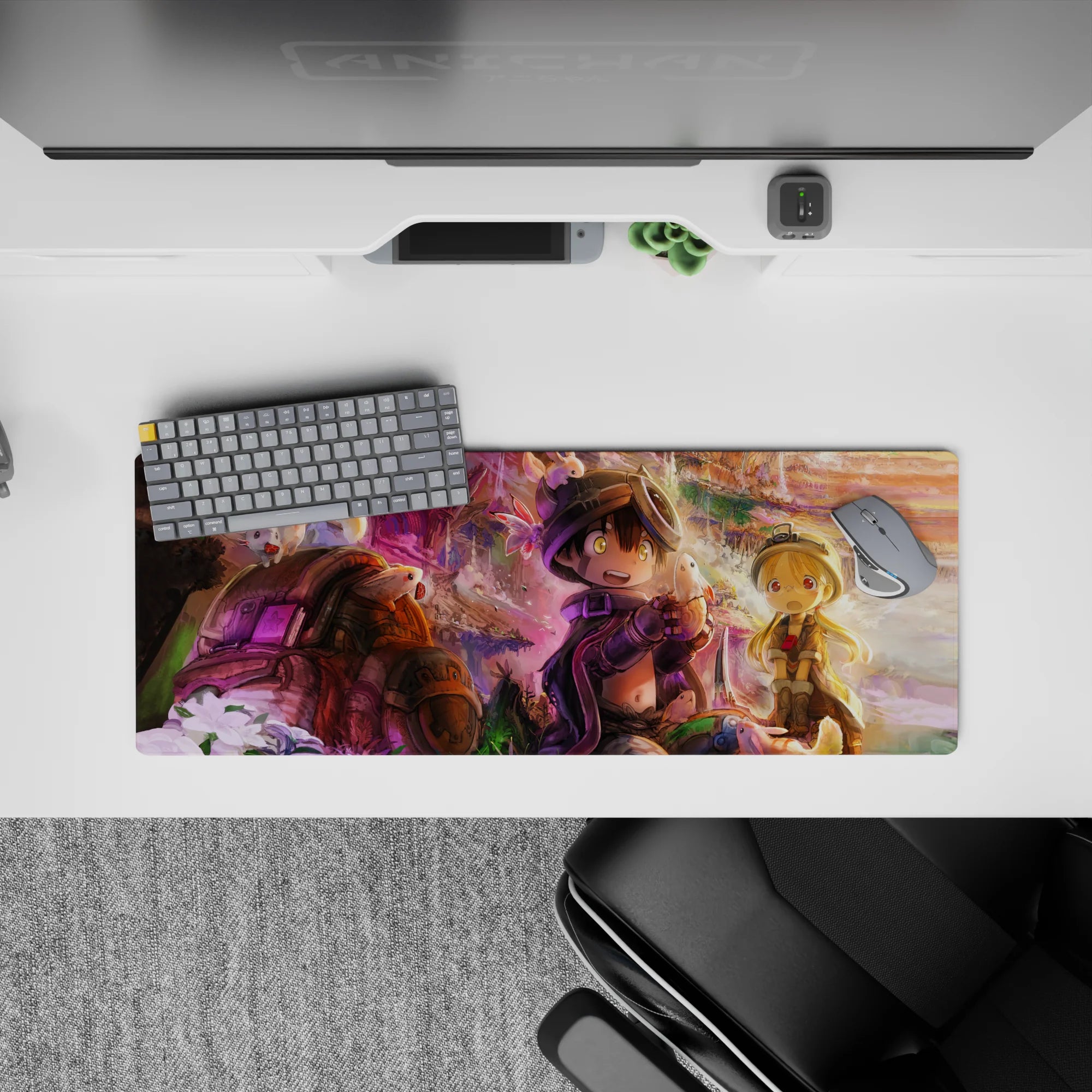 32x12 inches anime mouse pad in warm gold cliffs and violet mist, cozy dreamy adventure vibe.
