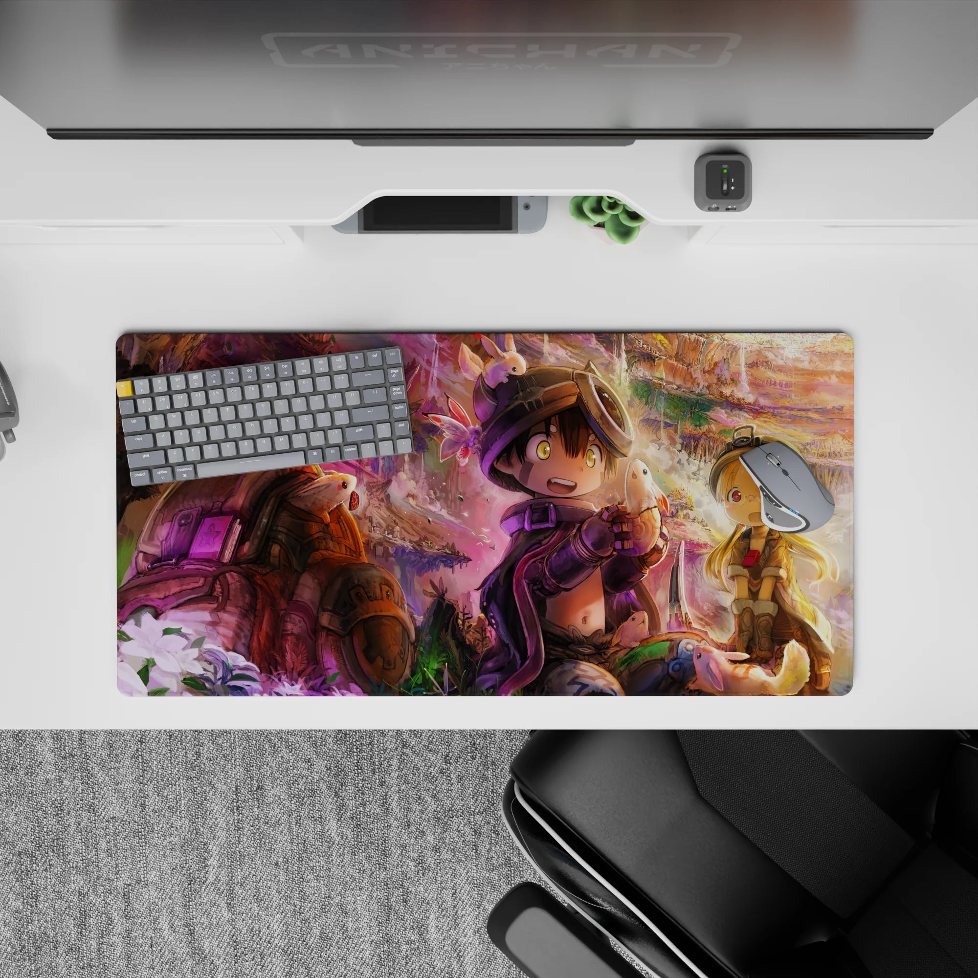 32x16 inches anime mouse pad in warm gold cliffs and violet mist, cozy dreamy adventure mood.