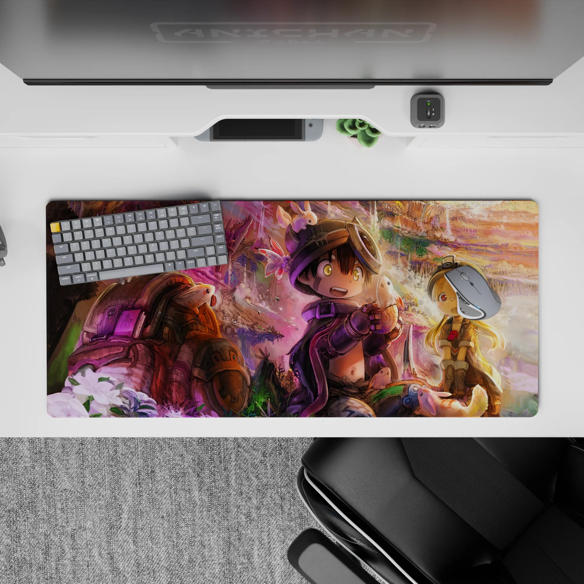 36x16 inches anime desk pad in warm gold cliffs and violet mist, cozy dreamy adventure vibe.