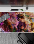 40x20 inches anime desk pad in warm gold cliffs and violet mist, cozy adventurous mood, crisp detail.