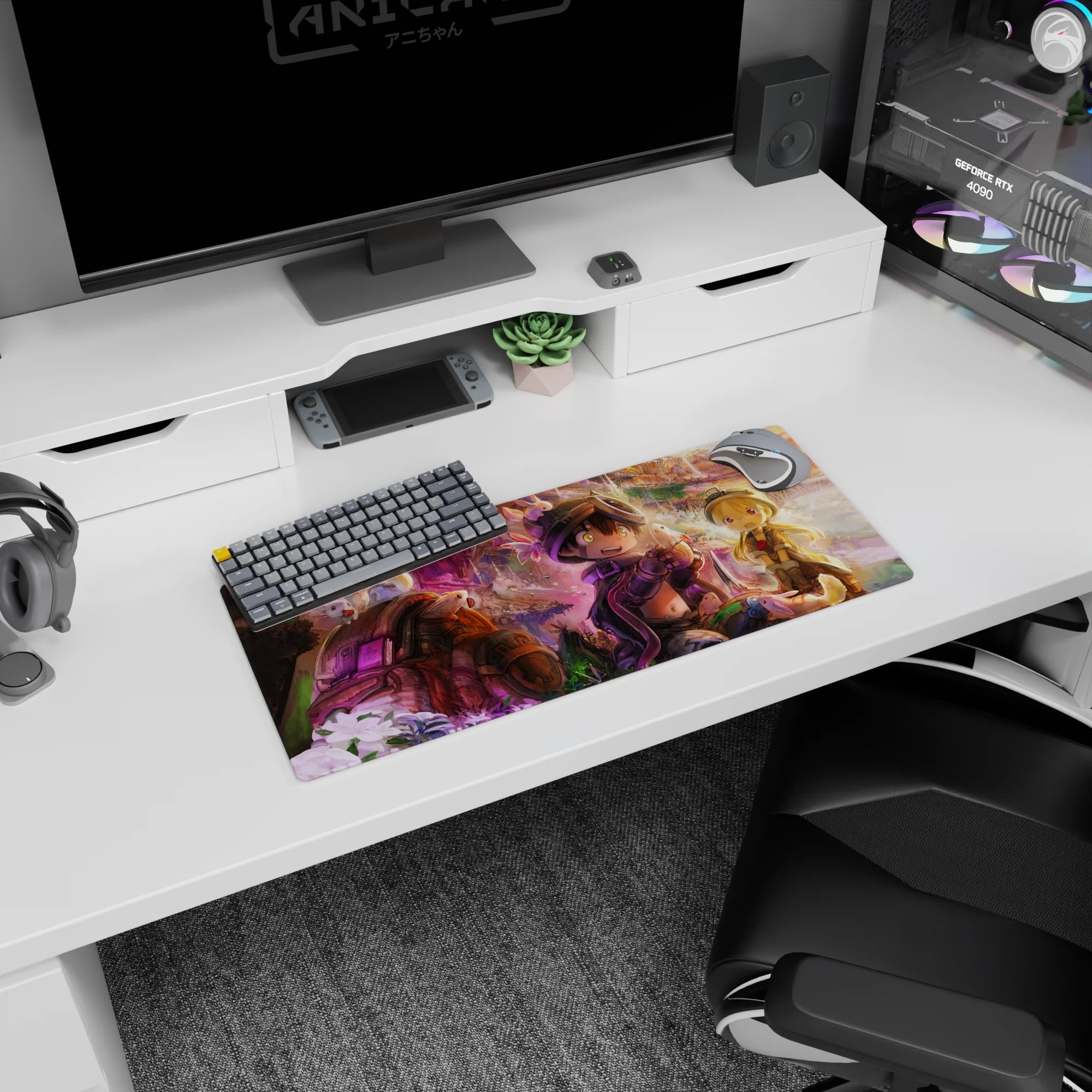 Anime mouse pad 28x12 inches showing a grinning boy and surprised girl meeting fluffy critters in misty canyon.