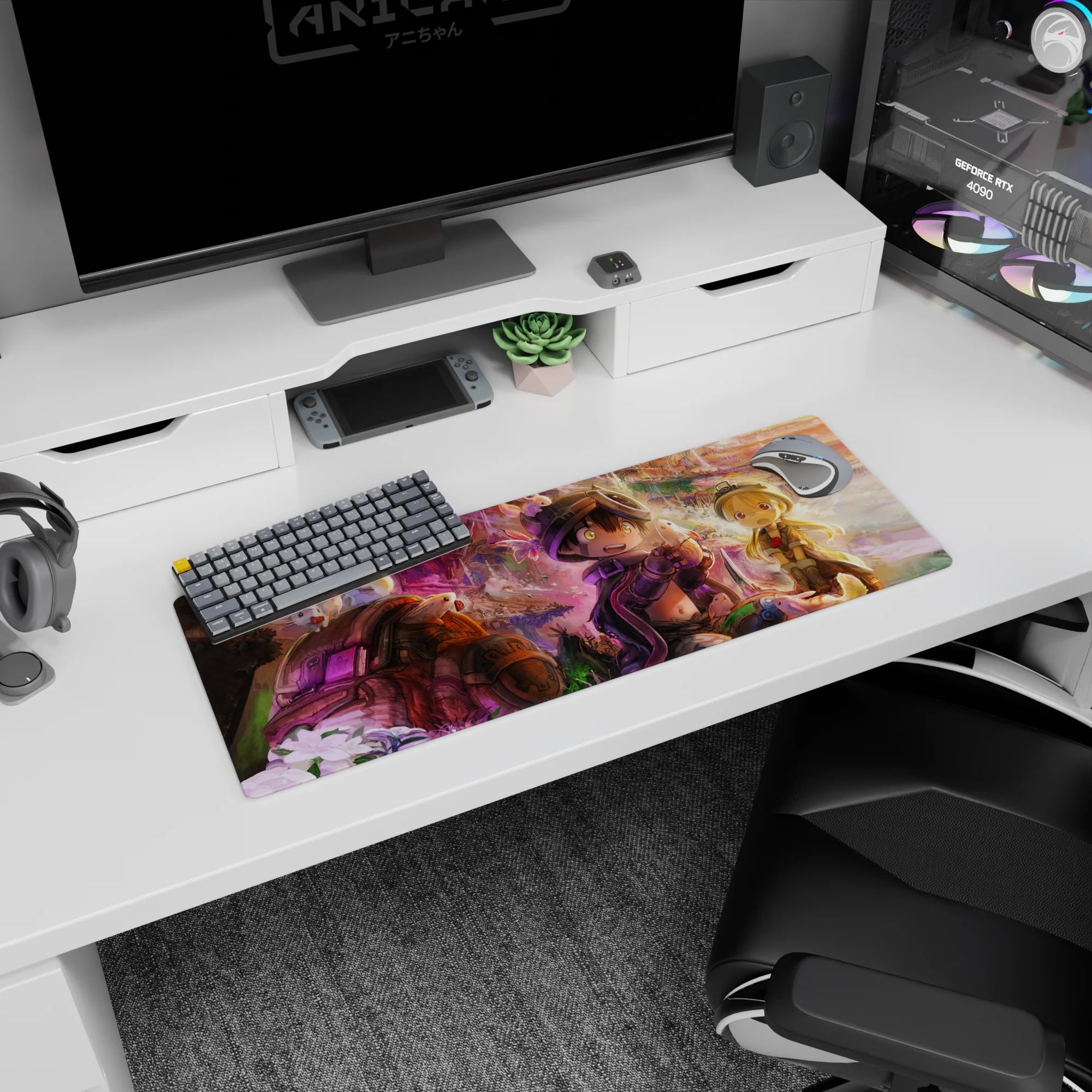 32x12 inches anime mouse pad showing grinning boy and surprised girl meeting fluffy creatures in a canyon.