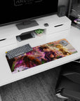 32x12 inches anime mouse pad showing grinning boy and surprised girl meeting fluffy creatures in a canyon.