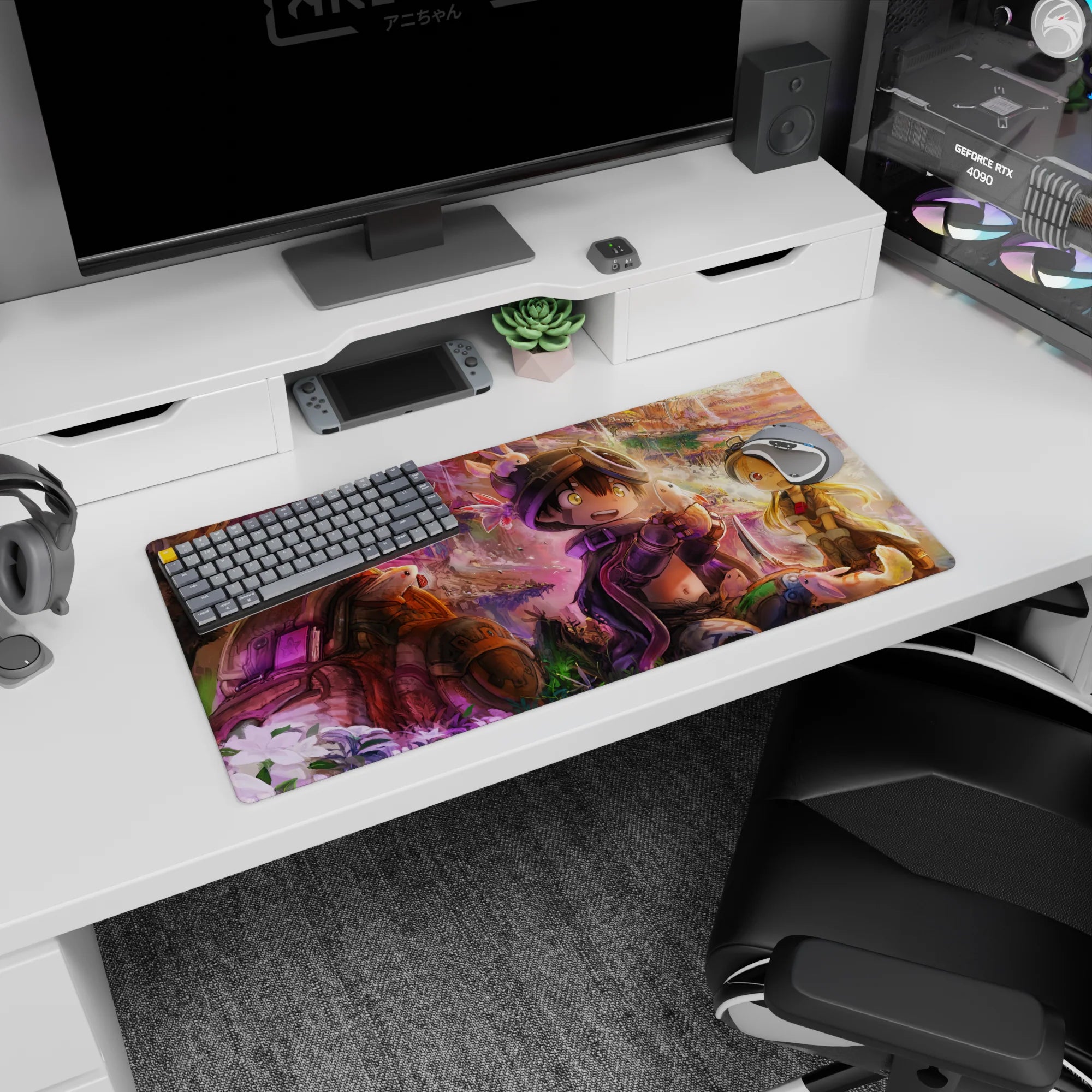 32x16 inches anime mouse pad showing grinning boy and surprised girl in scuffed gear with cute critters.