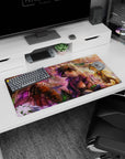 32x16 inches anime mouse pad showing grinning boy and surprised girl in scuffed gear with cute critters.