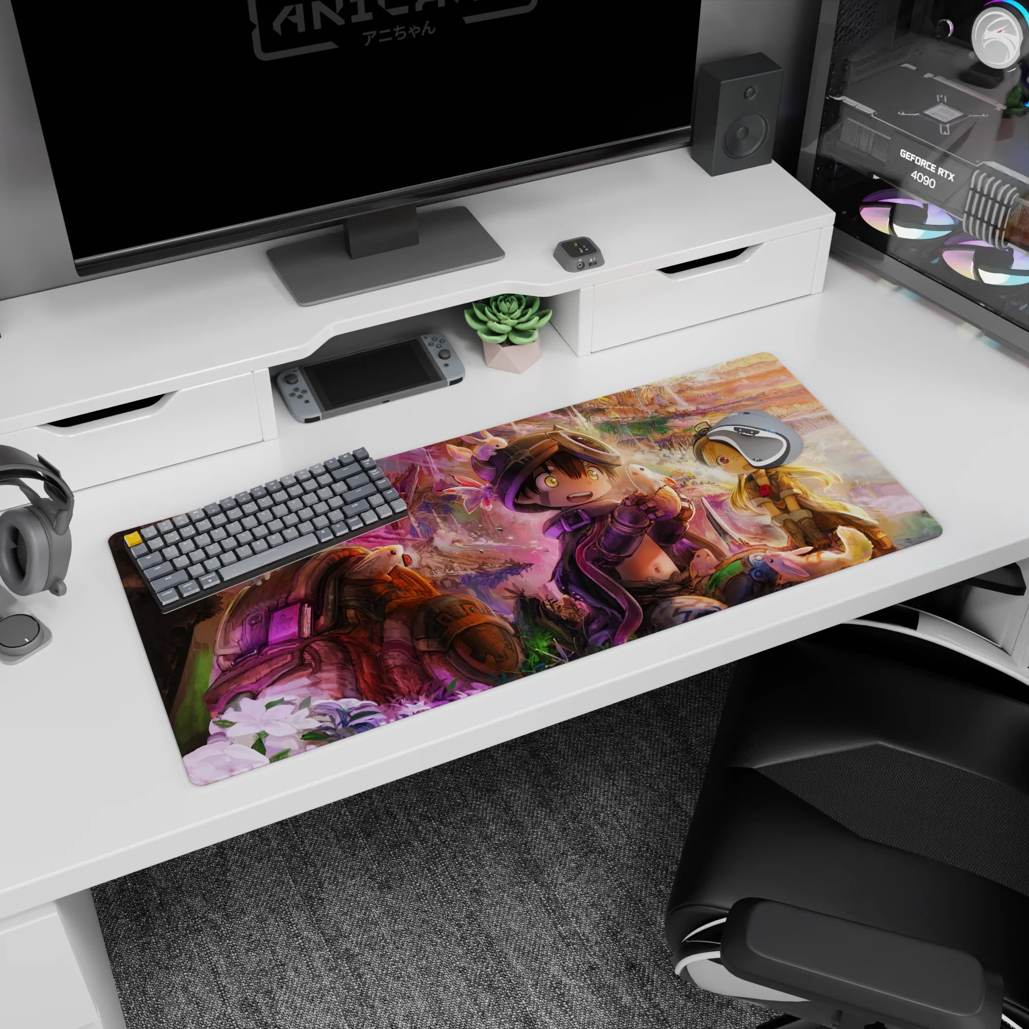 36x16 inches anime desk pad showing grinning boy and surprised girl with goggles petting fluffy pals.