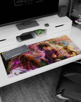 36x16 inches anime desk pad showing grinning boy and surprised girl with goggles petting fluffy pals.