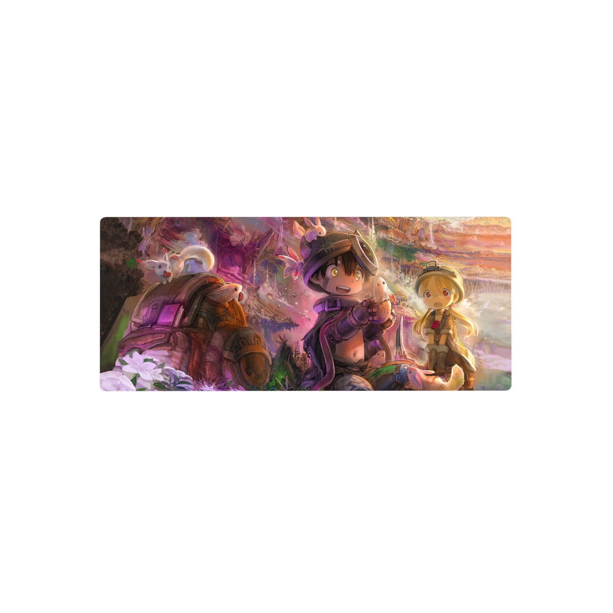 Anime mouse pad 28x12 inches featuring tiny helmeted explorers and fluffy creatures in a canyon scene.